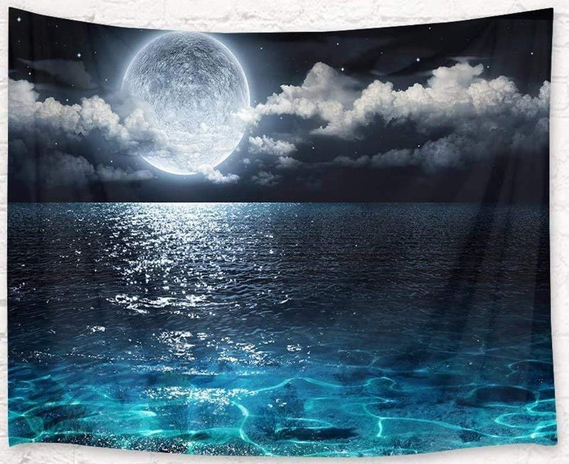 LB Moon Over Ocean Tapestry, Night Sky Tapestry Wall Hanging, 3D Fantasy Psychedelic Watercolor Wall Art for Bedroom Living Room Dorm Home Decor, 60 x 40 Inches - Image 4
